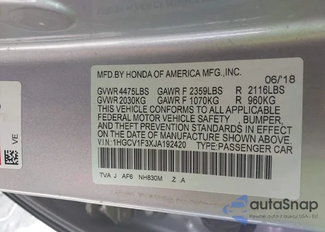 2018 Honda Accord Sport from USA, damaged, VIN 1HGCV1F3XJA192420